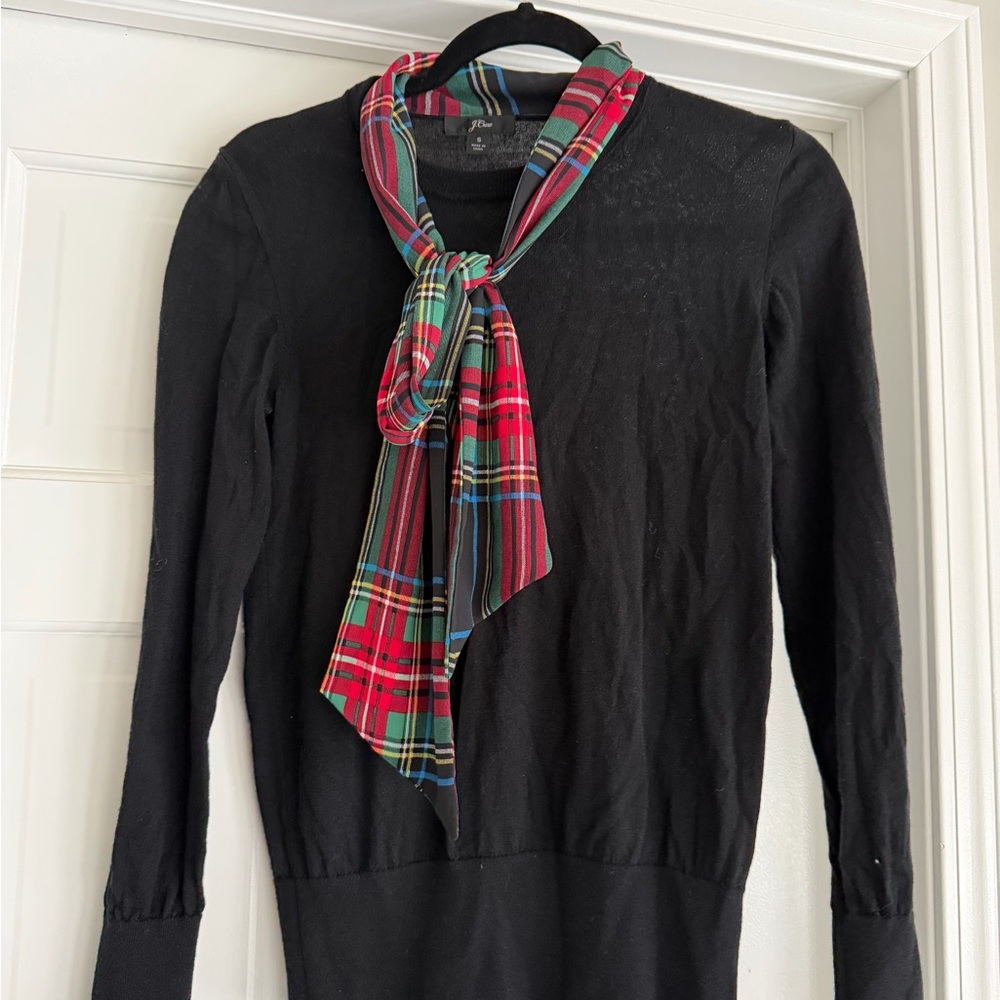 JCrew Black Sweater with Tartan Plaid Bow